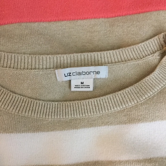 Liz Claiborne white/tan sweater, pink accents SZ M - Picture 3 of 3